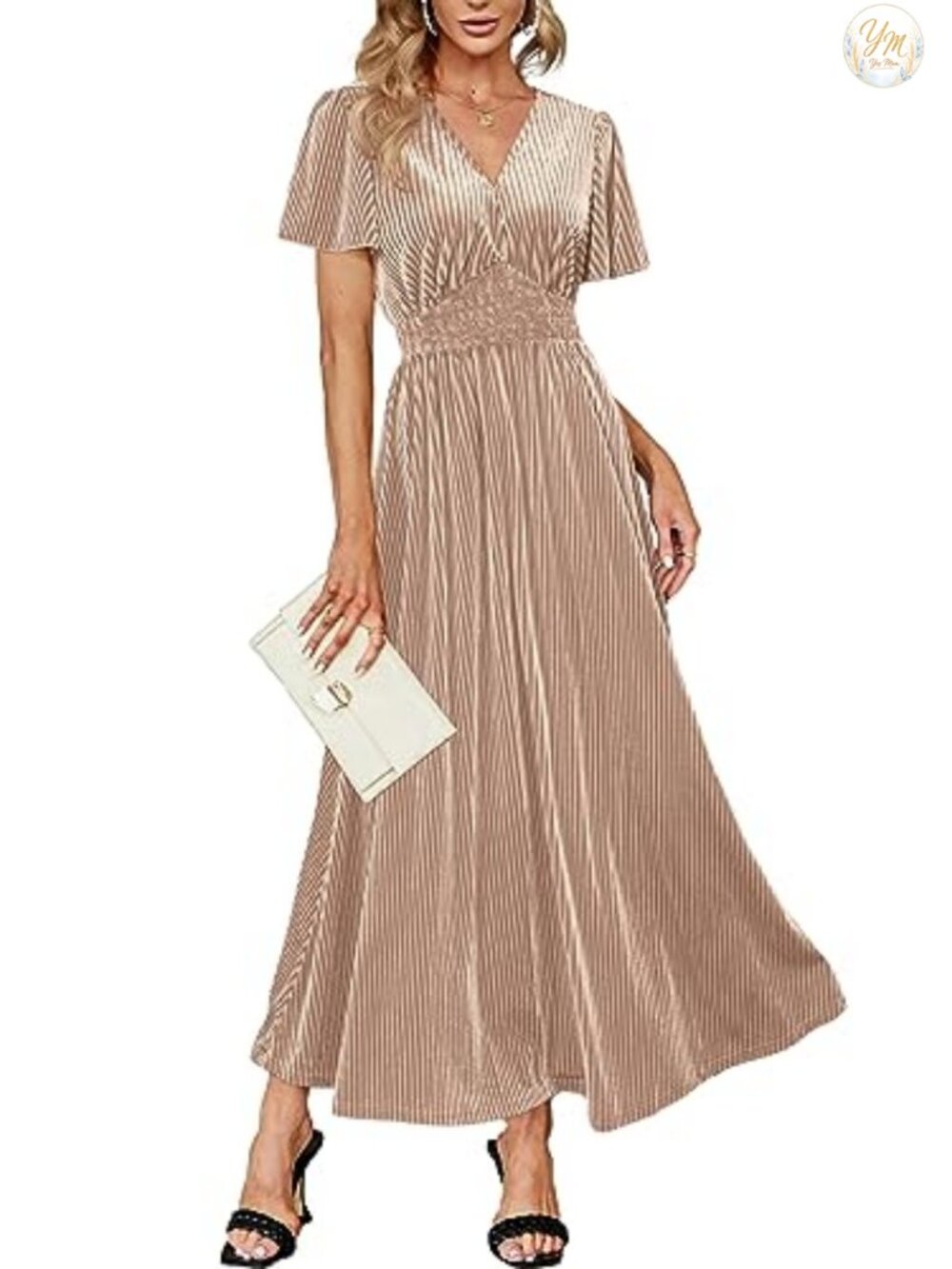 Velvet Maxi Dress V Neck Short Sleeve Empire Waist Formal Wedding Guest
